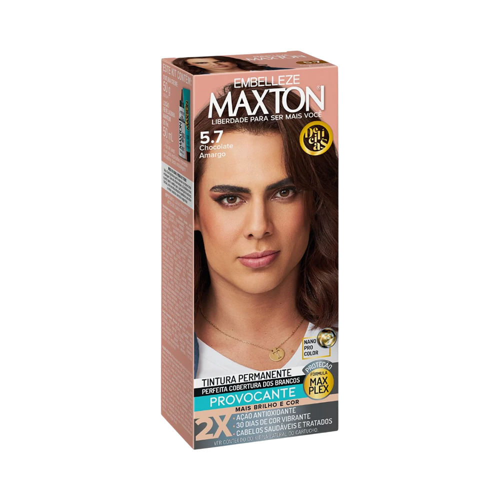 Embalagem da Coloração Maxton 5.7 Chocolate Amargo com destaque para cor intensa e brilho